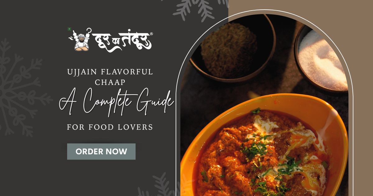 Promo banner for Ujjain flavorful chaap: 'A Complete Guide for Food Lovers' with an orange curry bowl and an 'ORDER NOW' button.