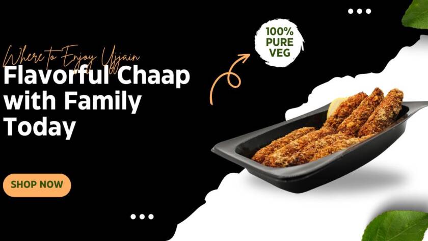 Promotional banner for 100% pure veg chaap: crispy fried chaap in a black tray on a black-and-white split background with a peach 'Shop Now' button.