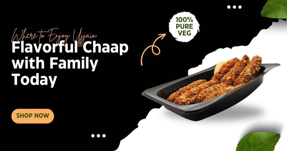 Promotional banner for 100% pure veg chaap: crispy fried chaap in a black tray on a black-and-white split background with a peach 'Shop Now' button.