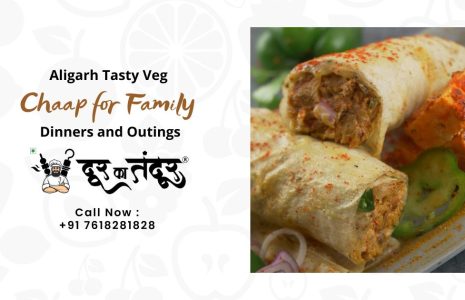 Door ka tandoor - Aligarh Tasty Veg Chaap for Family Dinners and Outings - Door Ka Tandoor Promotional banner for Aligarh Tasty Veg: 'Dinners and Outings' with veggie wraps on the right and a contact number on the left area.