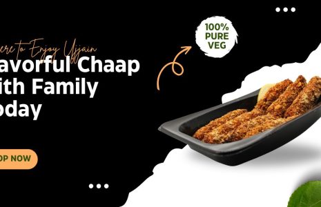 Promotional banner for 100% pure veg chaap: crispy fried chaap in a black tray on a black-and-white split background with a peach 'Shop Now' button.